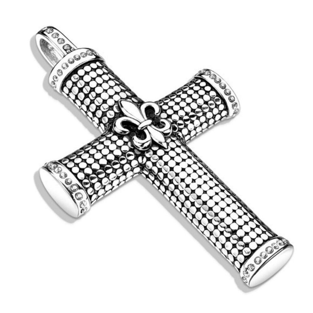 NWOT Fleur De Lis Center Large Cross with Gemmed 316L Stainless Steel Pendant
